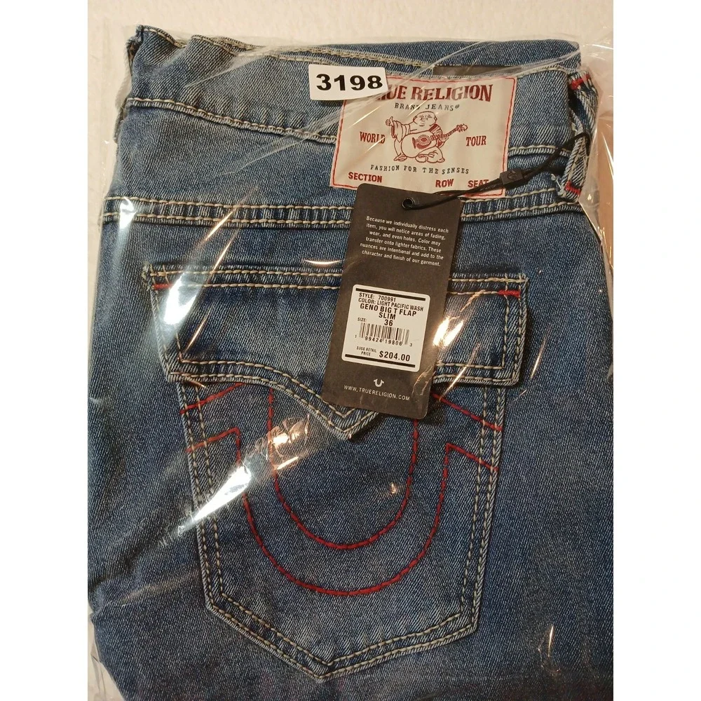 NWT True Religion Geno Big T Flap Slim Jeans Men 36x32 Light Pacific Wash $204